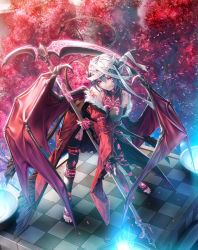 1girl arm_belt bandaged_head bandages bare_shoulders barefoot belt bent_over between_breasts black_legwear blue_fire breasts checkered_floor closed_mouth coat cross demon_girl demon_horns demon_tail demon_wings facial_mark female_focus fingernails fire frills fur_trim glowing hair_between_eyes highres holding holding_weapon horn_ornament horns jewelry large_breasts legs_apart locket long_sleeves looking_at_viewer off_shoulder original pendant petals pointy_ears red_coat red_eyes rezi scythe sharp_fingernails sharp_toenails short_hair silver_hair skin_tight sleeveless smile smirk solo spell standing tail tassel tattoo thigh_strap toeless_legwear toenails toes tree turtleneck weapon wide_sleeves wings rating:Sensitive score:19 user:danbooru