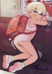  1girl absurdres ass backpack bag blonde_hair blue_eyes blush couch crybabyglo dolphin_shorts female_focus flat_chest full_body highres karaoke legs loli looking_at_viewer looking_back microphone on_couch original randoseru short_hair shorts socks solo stomach sweat tank_top thighs very_short_hair wavy_mouth 