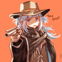  1girl blue_eyes clint_eastwood cosplay cowboy_hat dollars_trilogy gawr_gura gun handgun hat highres hololive hololive_english jl_tan long_hair long_sleeves man_with_no_name man_with_no_name_(cosplay) pistol revolver solo the_good,_the_bad_and_the_ugly virtual_youtuber weapon 