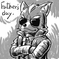 1boy crossed_arms father&#039;s_day furry greyscale highres imamura_takaya jacket james_mccloud monochrome nintendo smile solo star_fox sunglasses