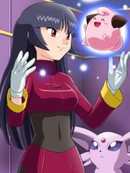  1990s_(style) 1girl black_hair blunt_bangs cleffa espeon gen_2_pokemon gloves gym_leader hime_cut long_hair lowres nintendo pokemoa pokemon pokemon_(creature) pokemon_rgby promotions_(meme) psychic red_eyes retro_artstyle sabrina_(pokemon) smile  rating:Sensitive score:28 user:danbooru