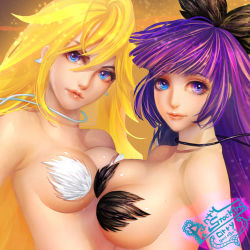 2girls blonde_hair blue_eyes blue_hair breasts earrings hair_ornament jewelry lips long_hair lowres multicolored_hair multiple_girls necklace nude orry panty_&amp;_stocking_with_garterbelt panty_(psg) pasties pink_hair purple_hair siblings sisters stocking_(psg) two-tone_hair upper_body rating:Questionable score:11 user:danbooru