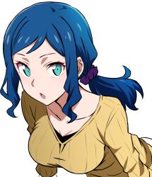 1girl aqua_eyes batta_16-sei blue_hair breasts collarbone commentary gundam gundam_build_fighters highres iori_rinko leaning_forward looking_at_viewer mature_female medium_breasts medium_hair open_mouth parted_bangs ponytail purple_scrunchie ribbed_sweater scrunchie simple_background solo sweater upper_body white_background yellow_sweater rating:General score:48 user:danbooru