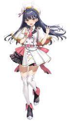  1girl animal_ears artist_name belt black_boots black_hair blunt_bangs blush boots braid brown_eyes buttons crown_braid fake_animal_ears floating_hair frilled_skirt frills full_body hands_up hat holding holding_microphone irido_yume long_hair mamahaha_no_tsurego_ga_moto_kano_datta microphone official_art pink_belt rabbit_ears simple_background skirt smile solo standing standing_on_one_leg takayaki thighhighs transparent_background white_hat white_thighhighs zettai_ryouiki 