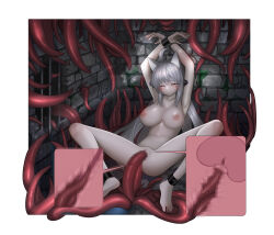  1girl absurdres ahoge anal animal_ears ankle_cuffs armpits arms_behind_head arms_up bound bound_ankles bound_wrists breasts brick_wall cat_ears censored cervical_penetration cervix chain clenched_teeth completely_nude cuffs deep_penetration double_penetration dungeon elsword eve_(elsword) hair_between_eyes highres large_breasts long_hair mosaic_censoring multiple_vaginal nude one_eye_closed orange_eyes pale_skin pussy rape restrained rur4885 sex shackles sidelocks solo_focus spread_legs teeth tentacle_sex tentacles uterus vaginal very_long_hair white_hair x-ray yellow_eyes 