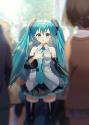  1girl absurdres blue_eyes blue_hair blurry blurry_background blurry_edges blurry_foreground blush collared_shirt commentary_request crowd detached_sleeves hair_ornament hand_on_own_chest hatsune_miku highres long_hair long_sleeves looking_at_viewer necktie niwa_(niwaniwa_1227) open_mouth outdoors pleated_skirt road_sign shirt sign skirt sleeveless sleeveless_shirt solo_focus sunlight thighhighs very_long_hair vocaloid 