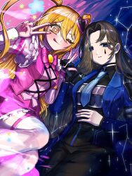  +_+ 2girls ;q armband black_shirt blonde_hair blue_eyes blue_jacket blue_necktie breasts brown_hair collared_shirt commentary constellation don_quixote_(project_moon) double_v e.g.o_(project_moon) empty_eyes english_commentary expressionless highres holding_hands in_the_name_of_love_and_hate_(e.g.o) interlocked_fingers jacket limbus_company lobotomy_corporation_(identity)_(project_moon) long_hair multiple_girls necktie nra_3614 one_eye_closed parted_lips pink_nails pink_shirt pink_vest project_moon rodion_(project_moon) shirt smile star_(symbol) teardrop_facial_mark the_sword_sharpened_with_tears_(e.g.o) thighhighs tongue tongue_out two_side_up v v_over_eye vest white_thighhighs yellow_eyes 