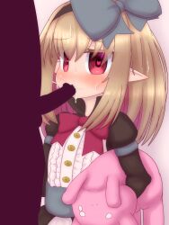  1boy 1girl absurdres black_hairband black_ribbon blank_censor blonde_hair blush censored cum cum_in_mouth cum_overflow dark_feather_alma emil_chronicle_online fellatio hairband heart heart-shaped_pupils highres holding holding_stuffed_toy loli oral penis pointy_ears red_eyes red_ribbon ribbon rna0 stuffed_toy symbol-shaped_pupils 