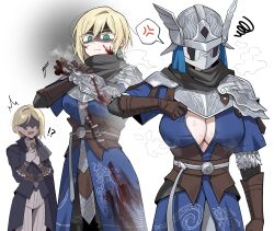  2girls armor ascot blindfold blonde_hair blue_surcoat breasts duchess_(elden_ring) elden_ring elden_ring_nightreign eye_mask genderswap genderswap_(mtf) gloves helmet highres holding idzuki_kenkyu-in long_hair multiple_girls ponytail siblings simple_background sisters weapon white_ascot white_gloves winged_helmet wylder_(elden_ring) 