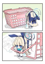  1girl animal_ears bag blonde_hair blue_archive blue_eyes blue_halo blue_ribbon blue_shoes broccoli carrot chibi chibi_only egg fake_animal_ears food garlic hair_ornament halo highres holding holding_paper koyuuuuuuuuuuu leotard meat paper playboy_bunny rabbit_ears ribbon shoes shopping shopping_bag shopping_basket solo speech_bubble thought_bubble toki_(blue_archive) toki_(bunny)_(blue_archive) 