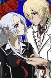  1boy 1girl amikoiiko bead_necklace beads black_jacket blazer blonde_hair blue_eyes breast_pocket brown_shirt closed_mouth commentary_request cosplay cross_academy_school_uniform cross_yuki cross_yuki_(cosplay) dimitri_alexandre_blaiddyd dress_shirt edelgard_von_hresvelg eye_contact eyepatch facing_to_the_side fingernails fire_emblem fire_emblem:_three_houses floral_border flower hair_between_eyes hair_ribbon highres hino_matsuri_(style) holding_another&#039;s_hair jacket jewelry kuran_kaname kuran_kaname_(cosplay) lapels long_hair long_sleeves looking_at_another medium_hair mismatched_eyebrows neck_ribbon necklace necktie nintendo notched_lapels outside_border pocket purple_eyes purple_ribbon red_flower red_necktie red_ribbon red_rose ribbon rose rose_pin school_uniform shirt simple_background sternocleidomastoid_muscle teeth upper_body vampire_knight vest waistcoat white_flower white_hair white_jacket white_rose white_shirt white_vest 