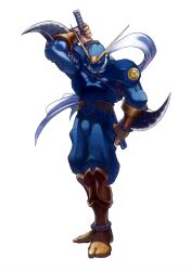  1boy absurdres arm_behind_back armor full_body game_cg greaves highres holding holding_sheath holding_sword holding_weapon katana mask mukuro_(warzard) ninja non-web_source official_art pauldrons sheath shoulder_armor simple_background solo spiked_gauntlets sword unsheathing warzard weapon white_background yasuda_akira 