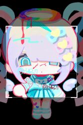  1girl black_background blonde_hair blood blood_drip blue_eyes blue_hair blue_serafuku blue_socks bow chest_bow chibi chibi_only chouzetsusaikawa_tenshi-chan colored_tips drawn_wings fake_screenshot full_body grey_pupils hair_bow halo highres looking_at_viewer multicolored_hair multicolored_halo multiple_hair_bows naishukketsukata needy_girl_overdose pink_hair quad_tails rainbow_halo revealing_layer school_uniform serafuku socks solo thumbs_down 