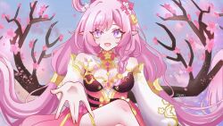 1girl bell bingliovo blue_sky branch breasts cherry_blossoms cleavage commentary_request diamond-shaped_pupils diamond_(shape) dress elf elysia_(herrscher_of_human:_ego)_(honkai_impact) elysia_(honkai_impact) elysia_(peachy_spring)_(honkai_impact) flower hair_bell hair_flower hair_ornament highres honkai_(series) honkai_impact_3rd large_breasts long_hair long_sleeves looking_at_viewer official_alternate_costume pointy_ears puffy_long_sleeves puffy_sleeves purple_eyes reaching reaching_towards_viewer red_dress sky solo symbol-shaped_pupils very_long_hair 