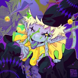  1boy ben-day_dots black_sclera black_shirt blonde_hair chromatic_aberration claws clown colored_sclera colored_skin colored_tongue deltarune fangs grey_skin hat highres humanization jester jester_cap jevil long_sleeves neck_ruff paint_splatter pointy_ears scar_across_eyes screentones shirt short_hair solo solo_focus spade_(shape) tongue tongue_out watermark yellow_eyes yokaze_(xxxdisxxx) 