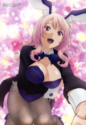 1girl absurdres animal_ears bow bowtie breasts fake_animal_ears fishnet_pantyhose fishnets high_heels highres inu_ni_nattara_suki_na_hito_ni_hirowareta iwata_ryuuji large_breasts leotard looking_at_viewer magazine_scan megami_magazine no_bra official_art open_mouth pantyhose pink_hair playboy_bunny rabbit_ears scan tsukishiro_usagi wrist_cuffs rating:Questionable score:64 user:danbooru