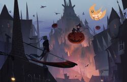  2girls absurdres blair_(soul_eater) blue_sky castle closed_mouth commentary crescent_moon curly_hair daniel_(zaijoubu) english_commentary hat highres holding holding_scythe holding_weapon jack-o&#039;-lantern long_hair maka_albarn moon multiple_girls outdoors scenery scythe sky smile soul_eater soul_eater_moon standing weapon witch witch_hat 