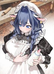  1girl absurdres animal_ears apron baby_bottle black_dress blue_eyes blue_hair blush bottle braid commentary cow_ears dress english_commentary gurumie hat highres holding holding_bottle hololive hololive_english looking_at_viewer maid maid_apron milk milk_bottle official_alternate_costume official_alternate_hairstyle ouro_kronii ouro_kronii_(maid) solo twin_braids virtual_youtuber white_hat 