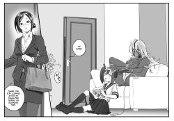  3girls age_difference ball_gag bdsm bondage bound breasts collar couch crotch_rope english_text eudetenis femdom forced_orgasm gag glasses highres indoors large_breasts lilya_(pretzelfan) loli long_sleeves monochrome mother_and_daughter multiple_girls nipples office_lady remote_control_vibrator sayuri_(pretzelfan) school_uniform second-party_source serafuku sex_toy shibari shrimp_tie slave speech_bubble vibrator video_game yuriko_(pretzelfan) 