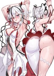 1girl :p armpits ass back black_eyes black_hair blush bound bound_wrists breasts camellya_(wuthering_waves) cleavage commentary hair_between_eyes highres k_jin multicolored_hair multiple_views navel red_nails simple_background smile sweat tongue tongue_out two-tone_hair white_background white_hair wuthering_waves rating:Questionable score:54 user:danbooru