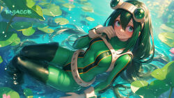 1girl asui_tsuyu belt black_hair blush bodysuit boku_no_hero_academia breasts gloves green_hair highres large_breasts lily_pad long_hair smile water rating:General score:21 user:Goji-666