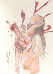  1girl black_hair bleeding blood blood_on_face blood_splatter exposed_bone exposed_muscle guro heart highres impaled injury long_hair nude organs original peach_momoko polearm ribs solo spear weapon 