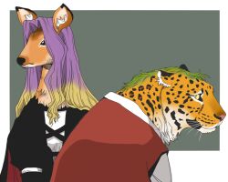  animal animalization black_dress blonde_hair closed_mouth clothed_animal commentary_request deer dress gradient_hair grey_background hijiri_byakuren kazami_yuuka long_hair looking_at_viewer multicolored_hair onikobe_rin purple_hair red_vest revision tiger touhou two-tone_background upper_body vest white_background 