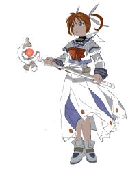  1girl absurdres blue_eyes dress expressionless full_body highres holding holding_staff lyrical_nanoha ma_fu magical_girl mahou_shoujo_lyrical_nanoha orange_hair raising_heart solo staff takamachi_nanoha twintails white_background white_dress 