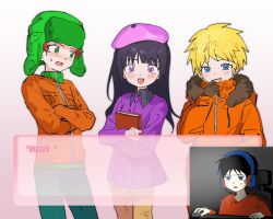 1girl 3boys :d black_hair blonde_hair blue_eyes blush brown_gloves child english_text gloves green_eyes green_hat happy hat headphones highres indoors jacket kakutou15 kenny_mccormick kyle_broflovski long_hair multiple_boys open_mouth orange_jacket pink_hat purple_eyes red_shirt shirt short_hair sitting smile south_park stan_marsh wendy_testaburger
