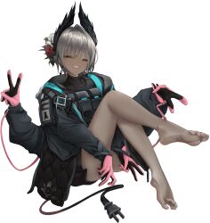  1girl :d ^_^ absurdres arknights barefoot black_gloves black_jacket closed_eyes commentary dark-skinned_female dark_skin earrings electric_plug electric_plug_tail extra_arms facing_viewer feet full_body gloves grey_hair grin heyker_kun highres jacket jewelry mixed-language_commentary open_mouth pink_gloves pouch raidian_(arknights) short_hair simple_background smile soles solo tail toes v white_background 