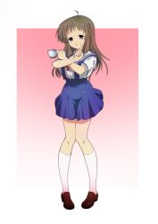 1girl absurdres blue_skirt brown_hair brown_shoes clannad commentary crossed_arms cup full_body hands_up high-waist_skirt highres hikarizaka_private_high_school_uniform holding holding_cup index_finger_raised kneehighs knees_together_feet_apart light_blush loafers long_hair looking_at_viewer miyazawa_yukine mogege_gk open_mouth purple_eyes sailor_collar school_uniform serafuku shirt shoes short_sleeves sidelocks simple_background skirt smile socks solo standing summer_uniform suspender_skirt suspenders teacup white_background white_sailor_collar white_shirt white_socks
