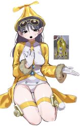  1girl absurdres black_eyes breasts buttons eyewear_on_head game_screenshot_inset gloves grey_hair hair_between_eyes hand_on_own_chest hat highres hocotate_freight_steam_ship hufy leotard long_hair long_sleeves medium_breasts nintendo open_mouth personification pikmin_(series) pikmin_2 pointy_ears propeller_hat simple_background sitting sunglasses thigh_strap unfinished white_background white_gloves white_leotard yellow_hat 