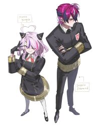 absurdres ahoge alternate_costume anya_(spy_x_family) anya_(spy_x_family)_(cosplay) black_dress black_gloves black_jacket black_nails black_streaks blazer blush chuunibyou collared_shirt cosplay couple crossed_arms damian_desmond damian_desmond_(cosplay) doppio_dropscythe dress ear_chain embarrassed eyepatch fingerless_gloves from_above full_body gloves hair_down hairpods hand_on_own_arm hand_over_eye heart heart_ahoge hetero highres jacket kaohom503 leggings loafers looking_at_viewer maria_marionette mary_janes medium_hair multicolored_hair nijisanji nijisanji_en one_side_up pink_eyes pink_hair purple_streaks school_uniform shirt shoes short_hair sketch smile streaked_hair white_background white_leggings white_shirt white_streaks
