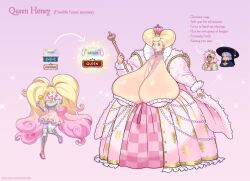  1girl 2boys absurdly_long_hair aged_up breasts cleavage curvy cute_weapon dual_persona evolutionary_line fat gandg gigantic_breasts highres holding holding_mace holding_weapon honey_luxmoore_(gandg) long_hair mace mother_and_son multiple_boys obese original pink_background pink_lips princess queenie_honey_(gandg) simple_background standing thick_lips very_long_hair weapon 