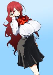  1girl blue_background breasts gekkoukan_high_school_uniform gradient_background hair_over_one_eye henriiku_(ahemaru) highres huge_breasts kirijou_mitsuru long_hair looking_at_viewer open_mouth persona persona_3 red_eyes red_hair ribbon school_uniform shirt skirt smile solo 