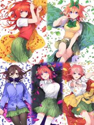  5girls ahoge arms_up black_jacket black_pantyhose black_socks blue_petals blue_sweater blue_sweater_vest blue_vest blush bow bowtie breasts brown_hair butterfly_hair_ornament cloak closed_eyes clothes_around_waist collar collarbone dot_nose female_focus go-toubun_no_hanayome grabbing_clothes green_bow green_bowtie green_cloak green_petals green_ribbon green_skirt hair_between_eyes hair_bow hair_ornament hair_ribbon haruba_negi headphones headphones_around_neck highres jacket jacket_around_waist kneehighs large_breasts legs long_hair long_sleeves looking_back lying miniskirt multiple_girls nakano_ichika nakano_itsuki nakano_miku nakano_nino nakano_yotsuba official_art on_back on_side open_clothes open_mouth orange_hair pantyhose petals pink_cloak pink_hair pink_petals pleated_skirt purple_cloak purple_eyes quintuplets red_cloak red_hair red_petals red_sweater red_sweater_vest ribbon shirt short_hair shorts siblings simple_background sisters skirt smile socks star_(symbol) star_hair_ornament stitched sweater sweater_vest thighhighs thighs third-party_edit vest white_background white_shirt white_thighhighs yellow_cloak yellow_jacket yellow_petals yellow_sweater yellow_sweater_vest yellow_vest zettai_ryouiki 