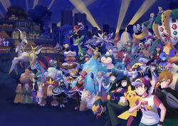  6+boys 6+girls absurdres alternate_color anabel_(pokemon) arceus argenta_(pokemon) ascot bald barry_(pokemon) baseball_cap battle_chatelaine battle_frontier_(pokemon) benga_(pokemon) black_gloves black_hair blonde_hair blue_necktie blue_oak brandon_(pokemon) bronzong brothers brown_hair caitlin_(pokemon) chandelure character_request charizard check_character crossed_arms dahlia_(pokemon) dana_(pokemon) darach_(pokemon) dark-skinned_female dark-skinned_male dark_skin dratini eelektross emmet_(pokemon) entei evelyn_(pokemon) eyewear_on_head father_and_son fire gallade gen_1_pokemon gen_2_pokemon gen_3_pokemon gen_4_pokemon gen_5_pokemon gen_7_pokemon gen_8_pokemon gible glasses gloves green_hair green_scarf greta_(pokemon) grey_hair guppyfish77 hat highres holding holding_poke_ball holding_staff ingo_(pokemon) insect_wings kubfu landorus landorus_(incarnate) legendary_pokemon leon_(pokemon) luchador_mask lucy_(pokemon) masked_royal medicham midriff morgan_(pokemon) multicolored_hair multiple_boys multiple_girls mustard_(pokemon) mythical_pokemon navel necktie night night_sky ninjask nintendo nita_(pokemon) noland_(pokemon) old old_man open_mouth orange_hair outdoors palmer_(pokemon) pidgeot pikachu poke_ball poke_ball_(basic) pokemon pokemon_(creature) pokemon_bw2 pokemon_dppt pokemon_emerald pokemon_platinum pokemon_rse pokemon_sm pokemon_swsh pokemon_xy purple_fire purple_hair red_(pokemon) red_hair red_hat regice regigigas regirock rockruff salamence scarf seviper shiny_pokemon siblings sisters skarmory sky slaking snorlax spenser_(pokemon) staff standing sunglasses swampert thorton_(pokemon) topless_male trait_connection tucker_(pokemon) twins two-tone_hair umbreon unworn_hat unworn_headwear virizion white_ascot wide_sleeves wings 