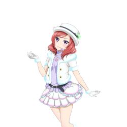  1girl belt belt_buckle black_belt black_ribbon blush buckle closed_mouth cowboy_shot fur-trimmed_gloves fur_jacket fur_trim gloves hand_up hat hat_feather hat_ribbon headset heart heart_necklace jacket jewelry layered_skirt looking_at_viewer love_live! love_live!_school_idol_festival love_live!_school_idol_project medium_hair necklace nishikino_maki official_art purple_eyes purple_shirt red_hair ribbon shirt skirt smile snow_halation solo standing transparent_background turtleneck turtleneck_shirt white_gloves white_hat white_jacket white_skirt 