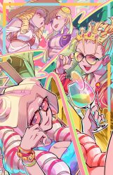  4girls bikini bikini_shorts blonde_hair bracelet breasts capcom capcom_fighting_jam cocktail_glass color_connection commentary company_connection crossover cup cyberbots devilot_de_deathsatan_ix drill_hair drinking_glass earrings english_commentary glaring hair_color_connection hat highres hoop_earrings ingrid_(capcom) jewelry justice_gakuen kanzuki_karin keenbiscuit kirishima_yurika looking_at_viewer multiple_crossover multiple_girls open_mouth shorts straw_hat street_fighter sunglasses swimsuit tiara tongue tongue_out trait_connection 