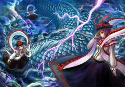  4girls bad_id bad_pixiv_id cloud cloudy_sky dragon dragon_(touhou) dragon_god female_focus flying hat lightning long_hair multiple_girls multiple_persona nagae_iku purple_hair red_eyes ribbon sai-go scales short_hair sky solo touhou 