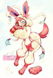 1girl :3 animal_ears animal_feet animal_nose artist_name blue_sclera body_fur bow breasts claw_pose claws closed_mouth colored_sclera dated female_focus full_body furry furry_female gen_6_pokemon gloves hair_between_eyes half-closed_eye hand_on_own_thigh hand_up happy heart hood hood_up large_breasts leaning_forward long_sleeves looking_at_viewer loose_hair_strand nintendo one_eye_closed onesie paw_gloves personification pink_bow pink_fur pink_gloves pokemon pokemon_(creature) ribbon sidelocks signature simple_background single_glove slippers smile solo standing sweat sylveon tail thwillartz tongue tongue_out twitter_username two-tone_fur unworn_gloves unworn_slippers white_background white_eyes white_fur white_ribbon