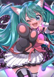  1girl absurdres animal_ears aqua_eyes aqua_hair boots cat_ears detached_sleeves fingerless_gloves freely_tomorrow_(vocaloid) gloves green_hair hatsune_miku hatsune_miku_(star_voice) headset highres izumikiyomaru long_hair looking_at_viewer one_eye_closed open_mouth project_diva_(series) project_diva_f skirt smile solo thigh_boots thighhighs twintails very_long_hair vocaloid 