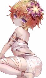 1girl absurdres backless_dress backless_outfit bare_shoulders blush closed_mouth dress duel_monster flower hair_between_eyes hair_flower hair_ornament highres looking_at_viewer looking_back midriff monster_girl orange_hair plant_girl purple_flower simple_background sitting solo sorozukin traptrix_pudica white_background yokozuwari yu-gi-oh! 