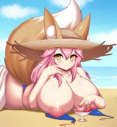  1girl absurdres animal_ear_fluff animal_ears beach bikini blue_bikini blue_sky blush breasts cleavage cloud day fate/extra fate/grand_order fate_(series) female_focus food fox_ears fox_girl fox_tail hair_between_eyes hands_up hat headgear headwear_request highres huge_breasts ice_cream large_areolae long_hair looking_at_viewer lying nipple_slip nipples ocean on_stomach outdoors pink_hair shiny_skin sky smile solo straw_hat sun_hat swimsuit tail tailzkim tamamo_(fate) tamamo_no_mae_(fate/extra) tamamo_no_mae_(swimsuit_lancer)_(fate) thighs topfreedom topless_female tree unworn_bikini_top yellow_eyes  rating:Questionable score:51 user:HockeyKamen
