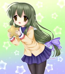  1girl absurdres artist_name black_pantyhose blue_skirt brown_eyes clannad cowboy_shot gradient_background green_hair highres hikarizaka_private_high_school_uniform holding holding_star ibuki_fuuko kigidere leaning_forward legs_together long_hair long_sleeves looking_at_viewer low-tied_long_hair miniskirt open_mouth pantyhose retro_artstyle school_uniform signature skirt smile solo standing star_(symbol) 