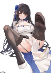 1girl absurdres artist_name black_hair black_thighhighs blue_flower blue_hair breasts china_dress chinese_clothes chinese_commentary closed_mouth colored_inner_hair commentary_request daiyan_(girls&#039;_frontline_2) dress feet flower foot_focus garter_straps girls&#039;_frontline girls&#039;_frontline_2:_exilium hair_flower hair_ornament high_heels highres large_breasts long_hair looking_at_viewer multicolored_hair no_shoes official_alternate_costume panties pelvic_curtain presenting_foot pumps reclining shoes simple_background smile soles solo tassel tassel_hair_ornament thighhighs toes two-tone_hair type_95_(girls&#039;_frontline) type_95_(narcissus)_(girls&#039;_frontline) underwear very_long_hair white_background white_dress white_panties white_shoes xnnagu yellow_eyes 