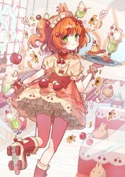  1girl animal_ears artist_name bloomers blush boots bow cherry_hair_ornament closed_mouth cup dress dress_bow drinking_glass food food-themed_hair_ornament foot_out_of_frame frilled_dress frills from_behind green_eyes hair_ornament highres holding holding_tray indoors looking_at_viewer looking_back orange_hair original pudding rabbit rabbit_ears red_boots red_bow roller_skates short_hair short_sleeves skates smile solo standing standing_on_one_leg thick_eyebrows tray tsukumi_bis twitter_username underwear white_bloomers yellow_dress 