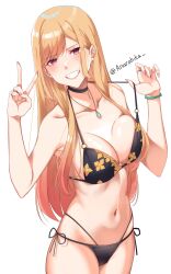  1girl anarahita armpits bare_shoulders bikini bikini_pull bikini_top_pull black_choker blonde_hair blush breasts choker cleavage clothes_pull collarbone commentary cowboy_shot english_commentary gyaru highres jewelry kitagawa_marin large_breasts long_hair multicolored_eyes navel o-ring parted_bangs pendant pink_eyes side-tie_bikini_bottom simple_background solo sono_bisque_doll_wa_koi_wo_suru swimsuit twintails upper_body v white_background 
