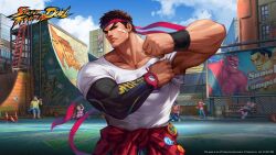  bandaid buttons clenched_hand cloud cloudy_sky e._honda english_text flannel hakan headband highres holding holding_skateboard ladder muscular muscular_male official_alternate_costume official_art ollie_(skateboarding) ryu_(street_fighter) serious skateboard sky standing street_fighter traffic_cone watch wristwatch 