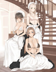 3girls black_bra black_hair blonde_hair blue_eyes blush bonnet bra breasts brown_hair cleavage edea_(throtem) glasses green_eyes hat highres jewelry kana_(throtem) large_breasts long_hair looking_at_viewer maid mob_cap multiple_girls navel necklace orange_eyes original parted_bangs pink_bra sara_(throtem) sitting smile stairs strap_slip throtem underwear white_bra rating:Sensitive score:198 user:danbooru